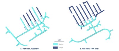 Figure 1: Plan view of 1025 level (A) and 1000 level (B) showing actual development (light blue) and planned development (dark blue) as at September 11, 2023. (CNW Group/OceanaGold Corporation) Figure 1: Plan view of 1025 level (A) and 1000 level (B) showing actual development (light blue) and planned development (dark blue) as at September 11, 2023. (CNW Group/OceanaGold Corporation)