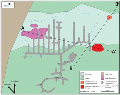Figure 7:  Plan view of underground development and lithologic units a 2,300 mRL (CNW Group/OceanaGold Corporation)